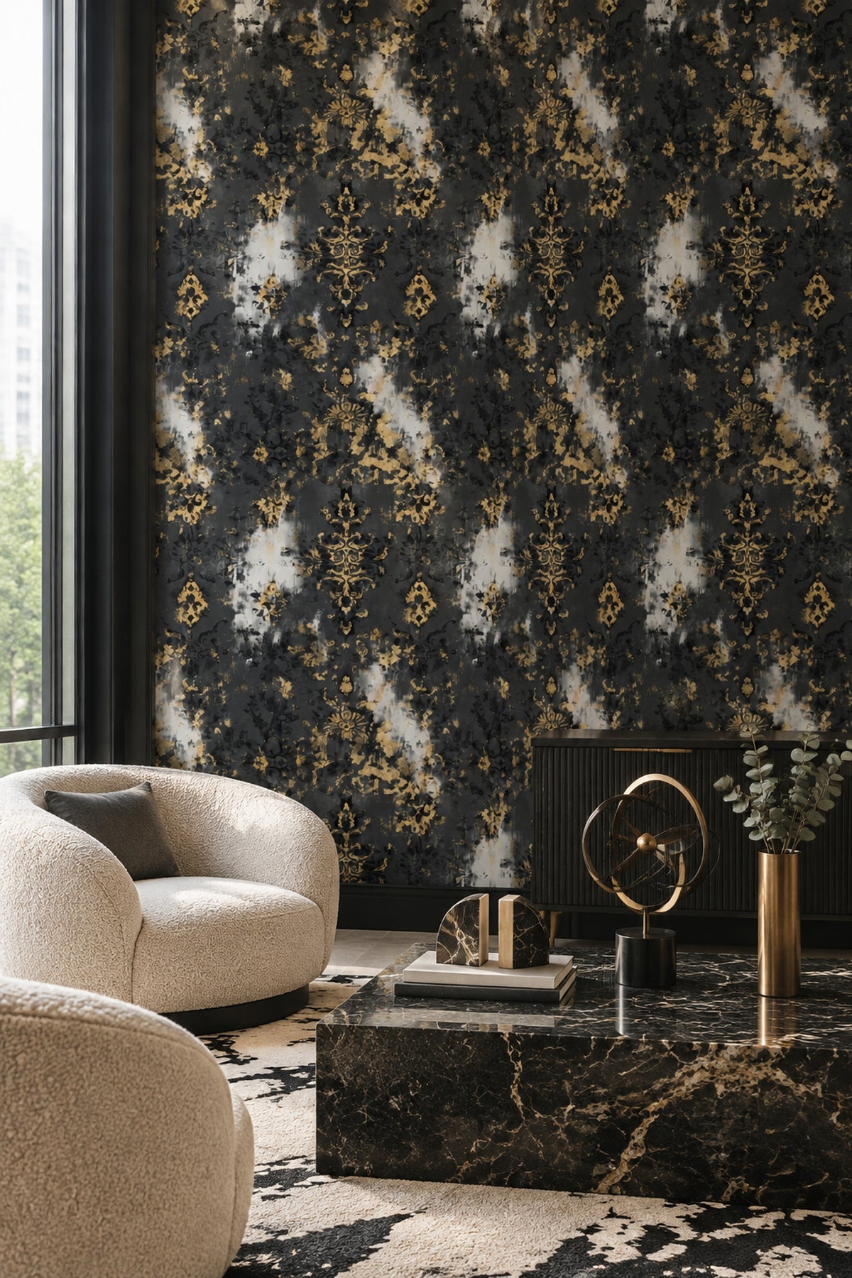 Altın Damask Desenli Duvar Kağıdı Siyah Salon Dekoru