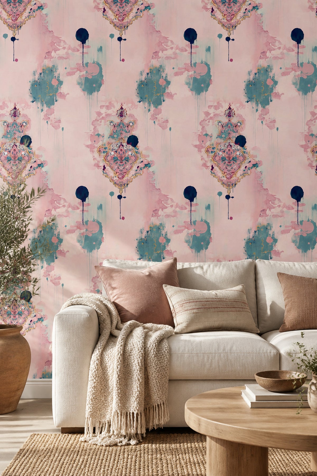 Etnik Desenli Duvar Kağıdı Pembe Turkuaz Salon Duvarı