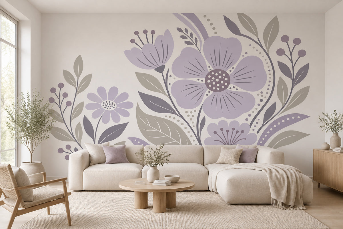Mor Çiçek Desenli Poster Duvar Kağıdı Modern Salon Dekoru