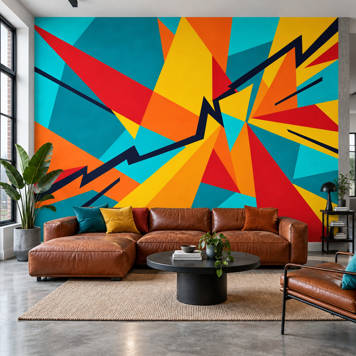 Renkli Geometrik Poster Duvar Kağıdı Turkuaz Sarı Salon