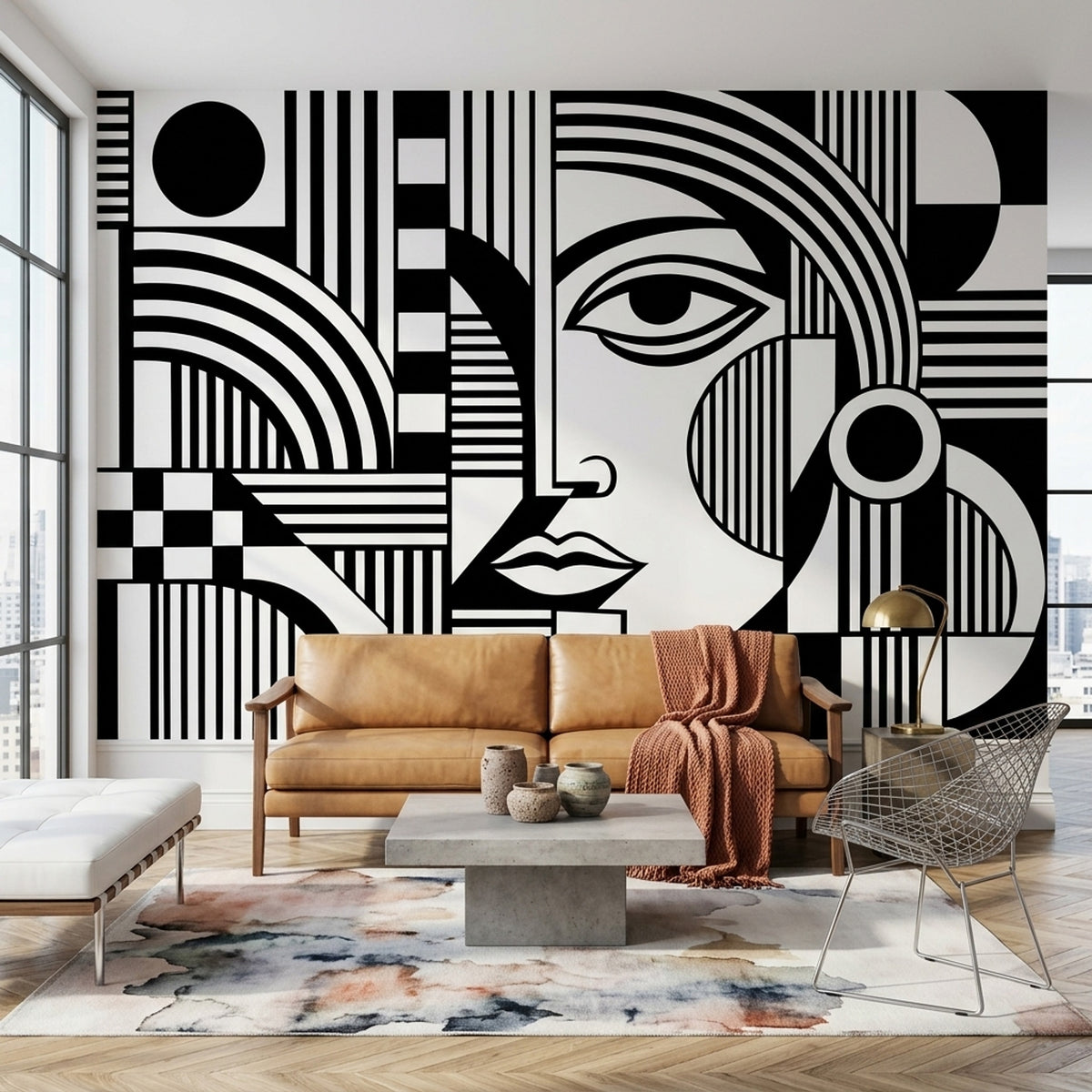 Soyut Yüz Çizimli Poster Duvar Kağıdı Siyah Beyaz Salon