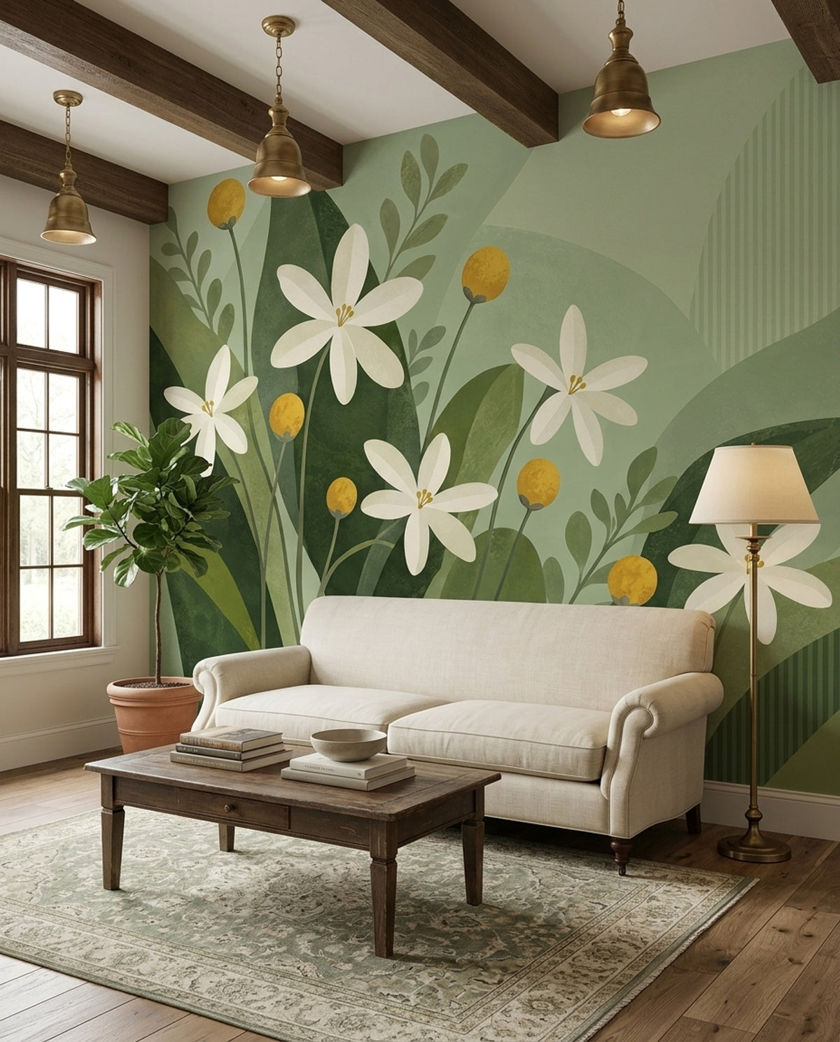 Yeşil Yapraklı Çiçekli Poster Duvar Kağıdı Modern Salon