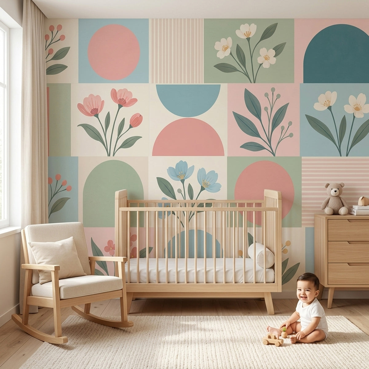 Pastel Geometrik Çiçekli Poster Duvar Kağıdı Salon Duvarı