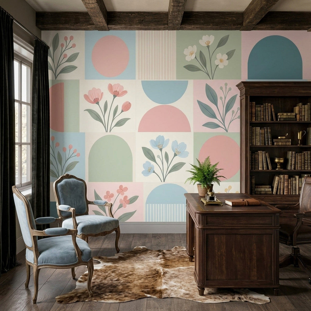 Pastel Geometrik Çiçekli Poster Duvar Kağıdı Salon Duvarı