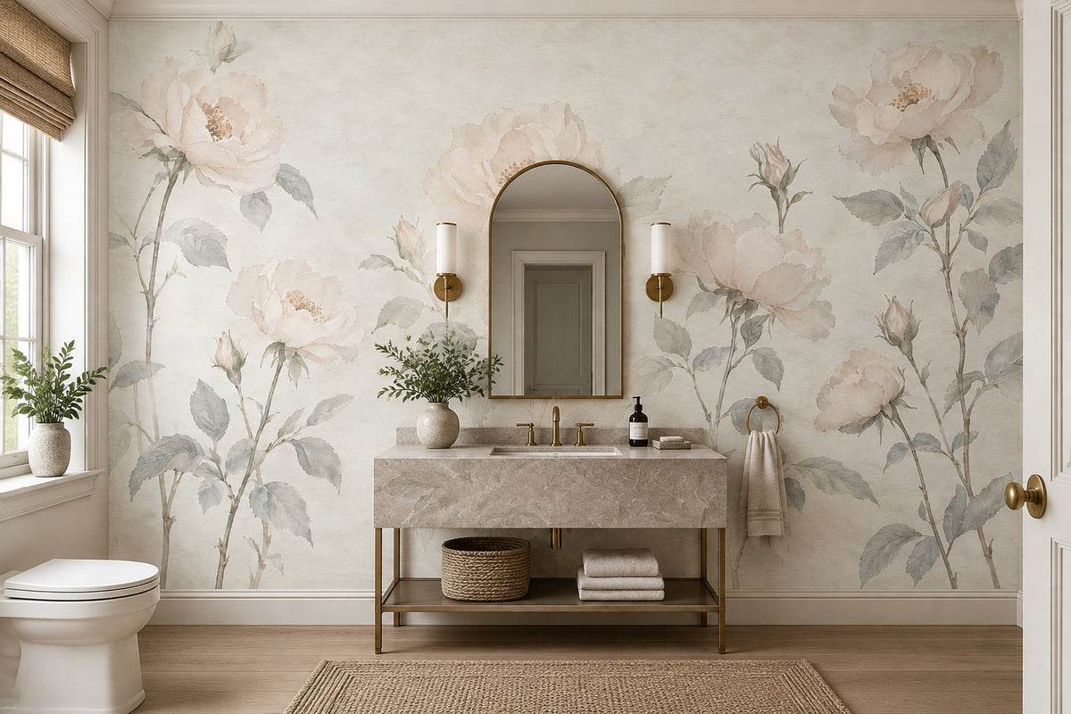 Pastel Güllü Poster Duvar Kağıdı Bej Klasik Salon Duvarı
