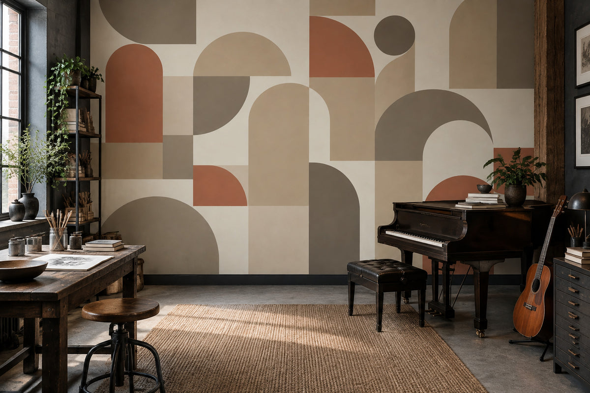 Modern Geometrik Poster Duvar Kağıdı Bej Terracotta Salon Dekoru