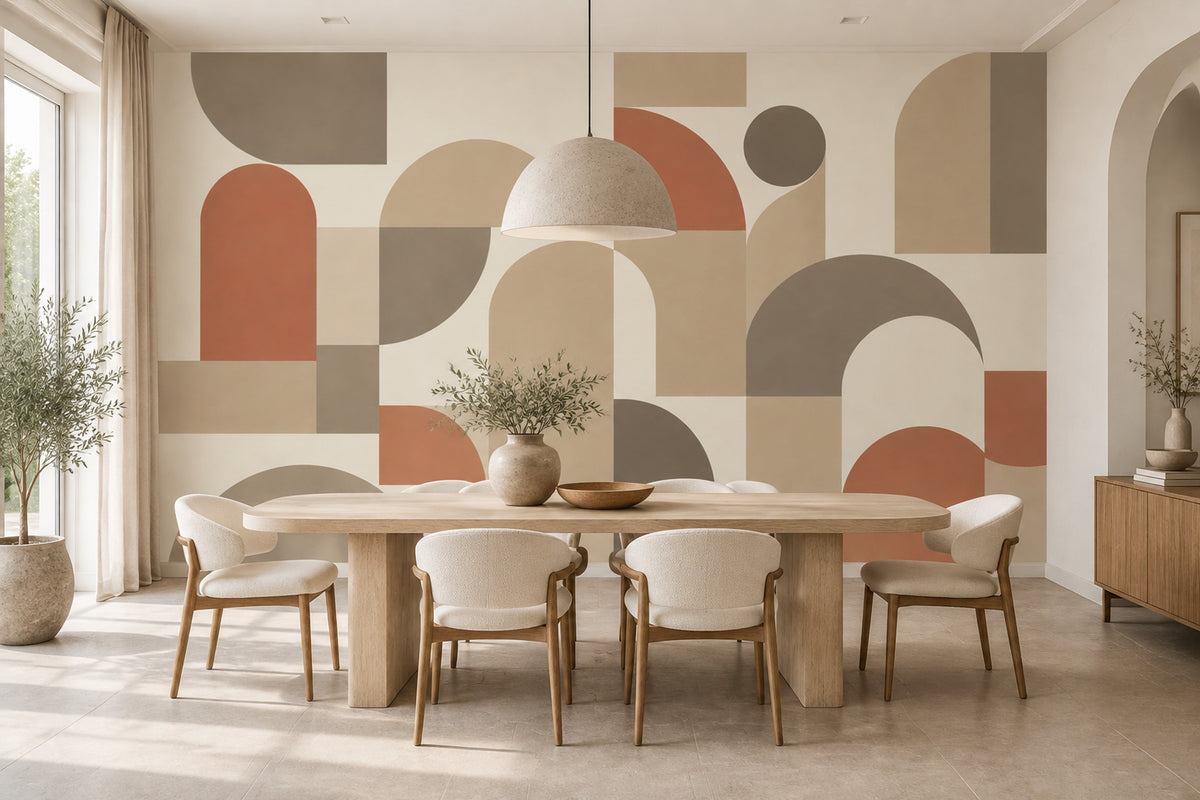 Modern Geometrik Poster Duvar Kağıdı Bej Terracotta Salon Dekoru