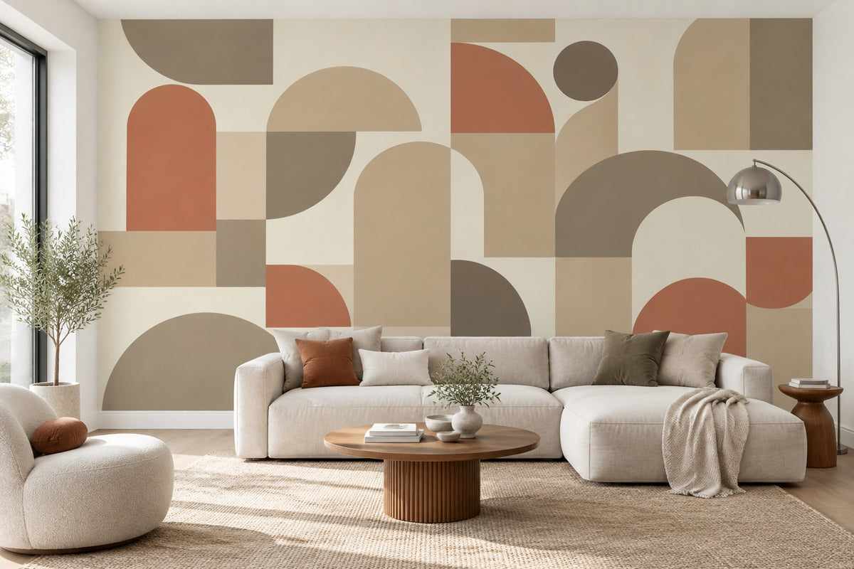 Modern Geometrik Poster Duvar Kağıdı Bej Terracotta Salon Dekoru