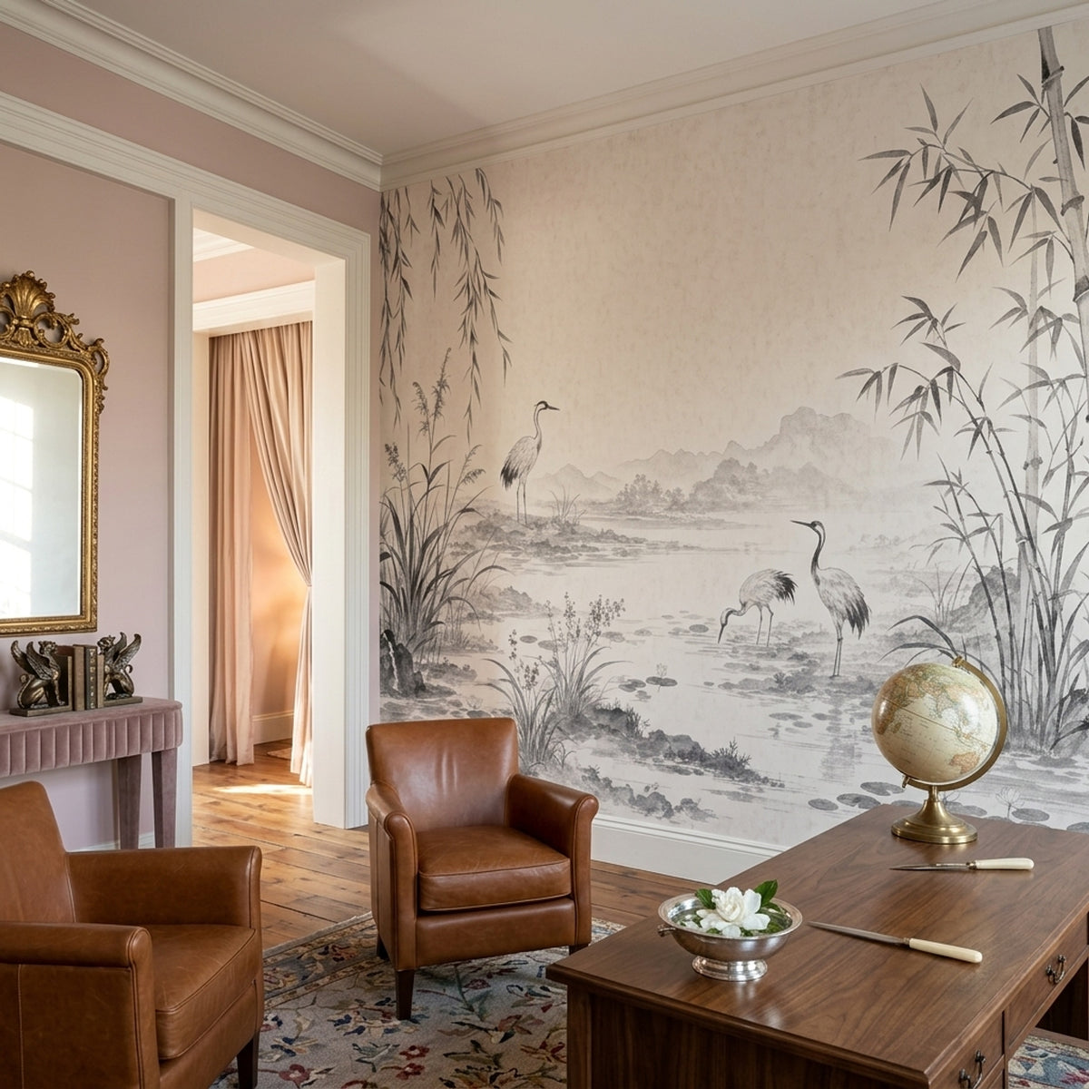Turna Kuşlu Bambu Desenli Poster Duvar Kağıdı Gri Bej Salon