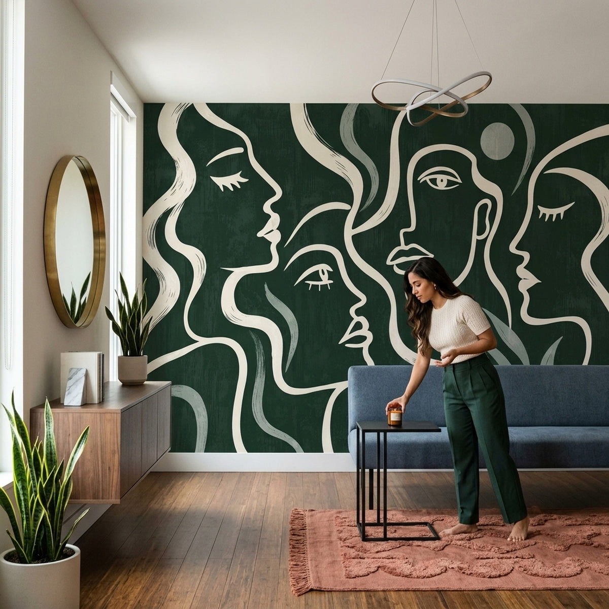 Soyut Yüz Çizimli Poster Duvar Kağıdı Yeşil Modern Salon