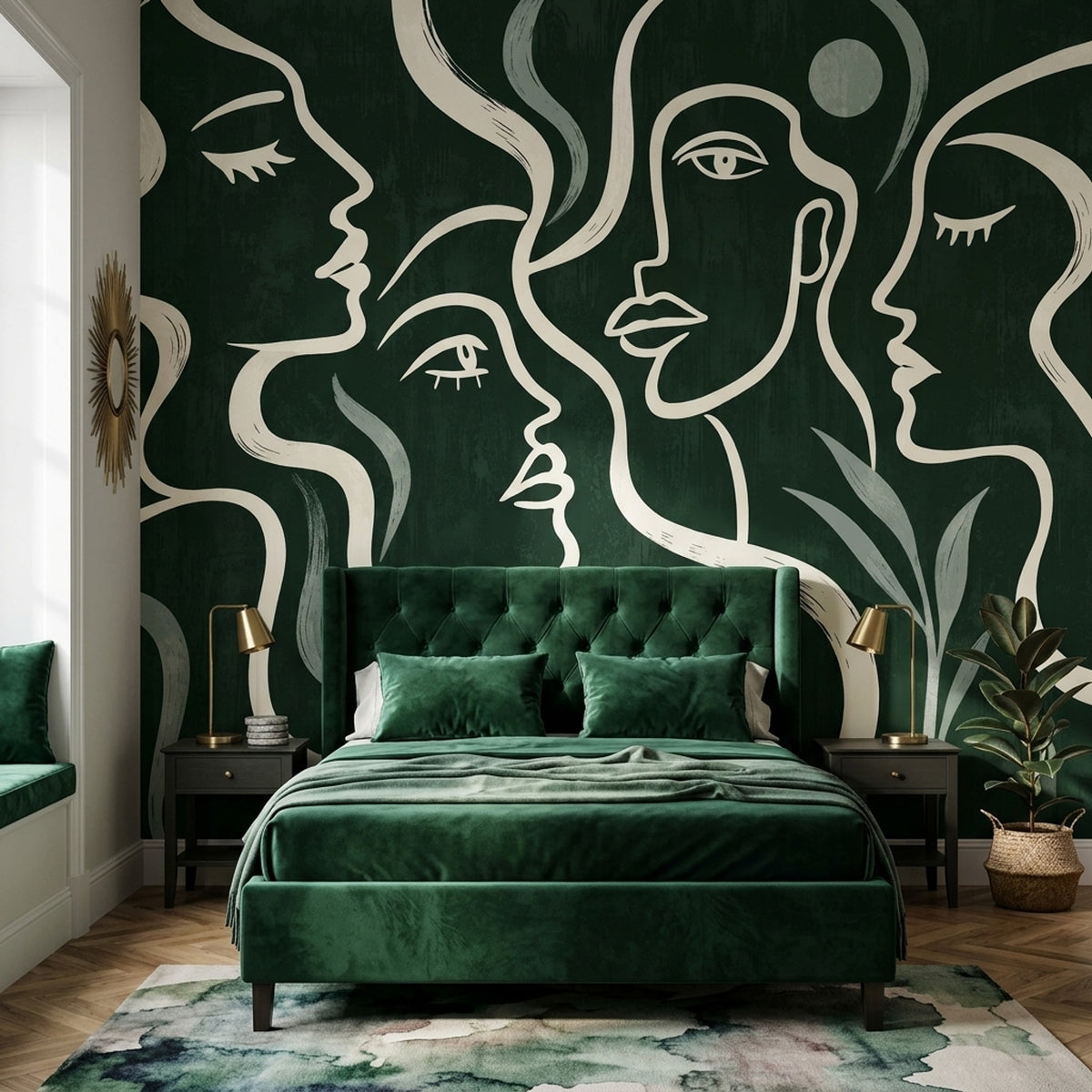 Soyut Yüz Çizimli Poster Duvar Kağıdı Yeşil Modern Salon