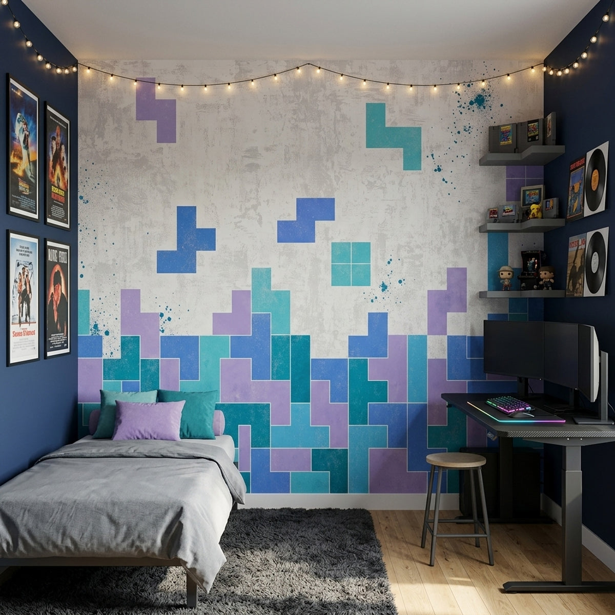 Geometrik Blok Desenli Poster Duvar Kağıdı Mavi Turkuaz Salon