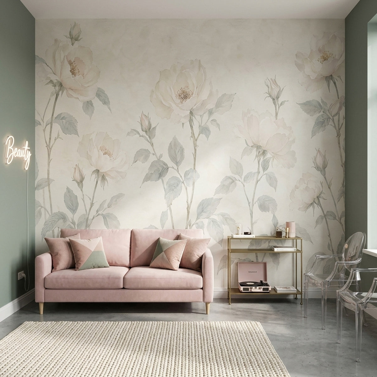 Pastel Güllü Poster Duvar Kağıdı Bej Klasik Salon Duvarı