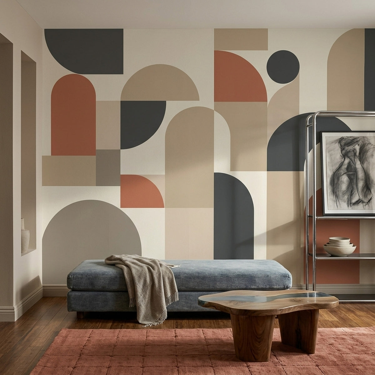 Modern Geometrik Poster Duvar Kağıdı Bej Terracotta Salon Dekoru