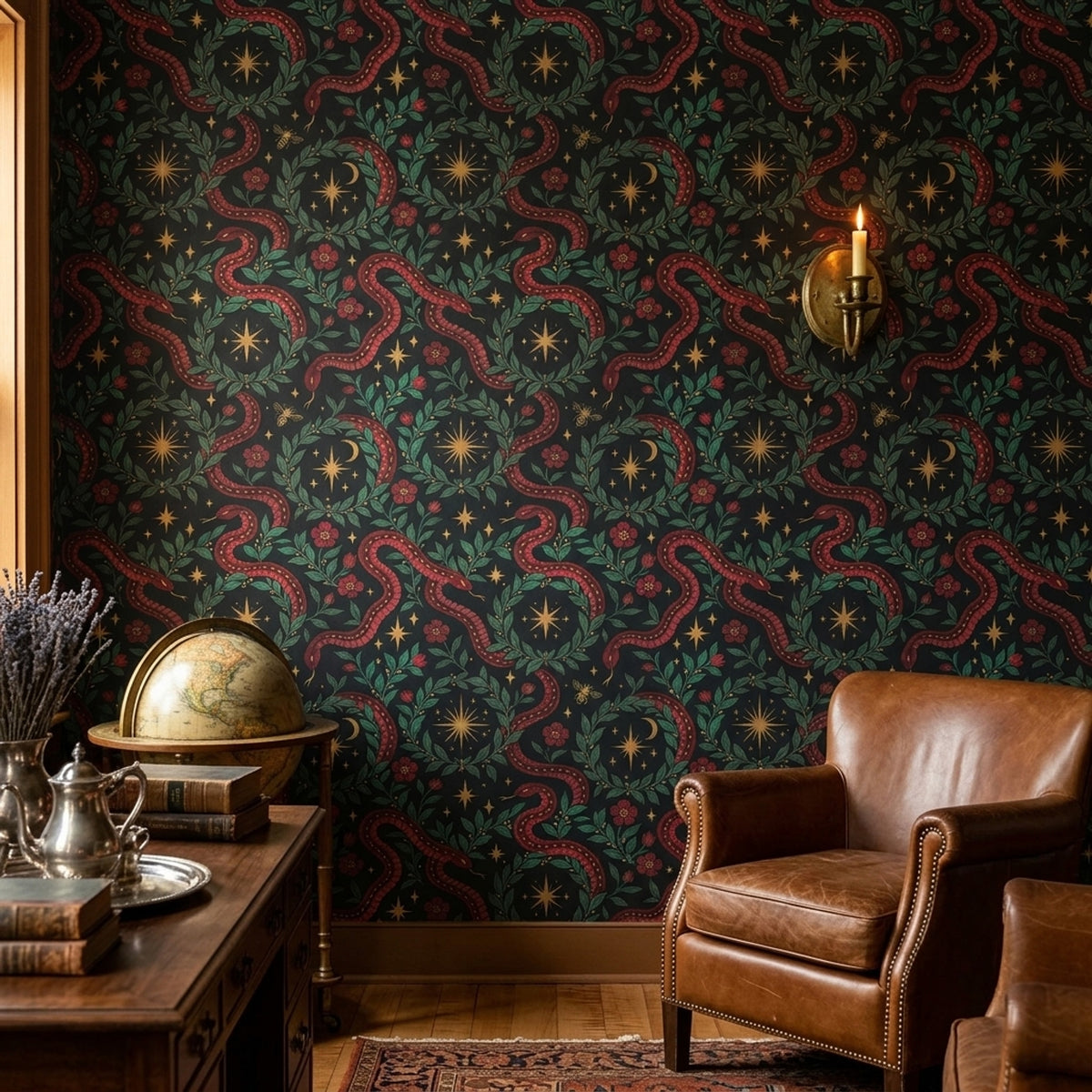 Yılan ve Çiçek Desenli Duvar Kağıdı Koyu Yeşil Salon