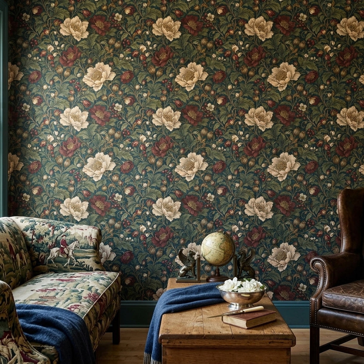 Vintage Çiçekli Duvar Kağıdı Koyu Yeşil Klasik Desen
