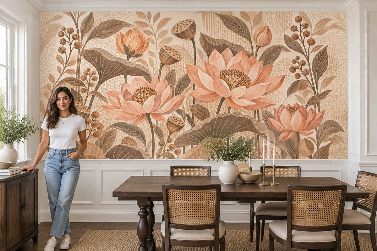 Pudra Pembe Lotus Çiçekli Poster Duvar Kağıdı Salon