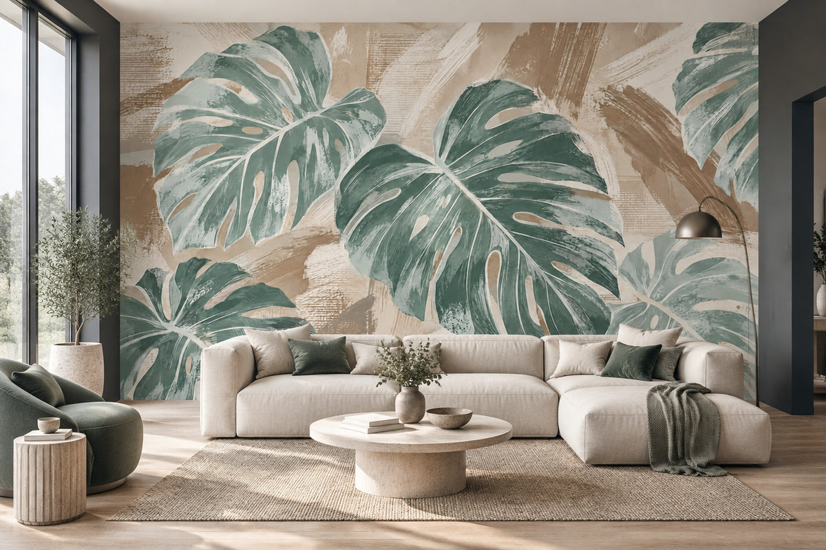 Tropikal Monstera Yapraklı Poster Duvar Kağıdı Bej Yeşil Salon