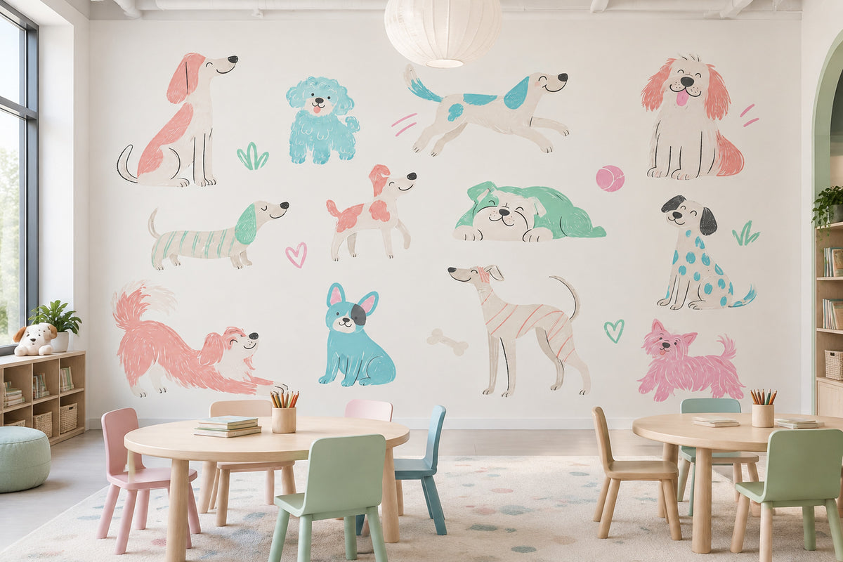 Sevimli Köpek İllüstrasyonlu Poster Duvar Kağıdı Çocuk Odası Pastel