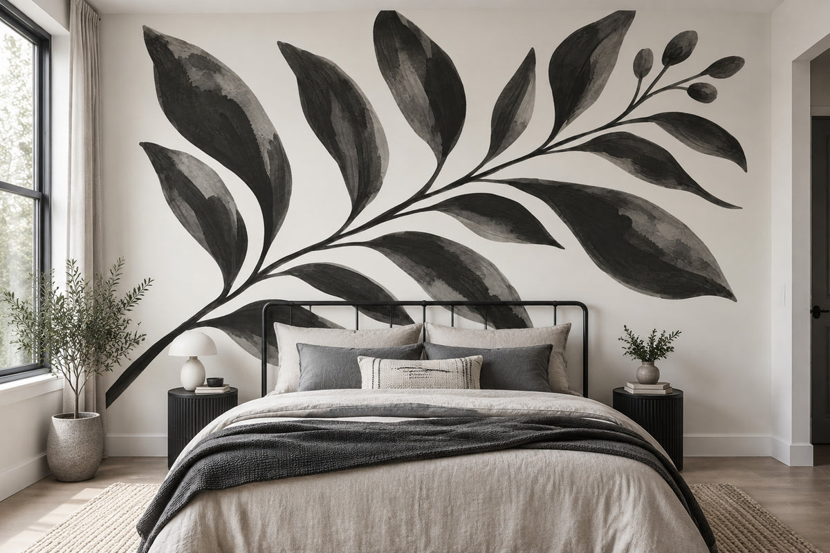 Siyah Yaprak Desenli Poster Duvar Kağıdı Minimalist Salon Dekoru