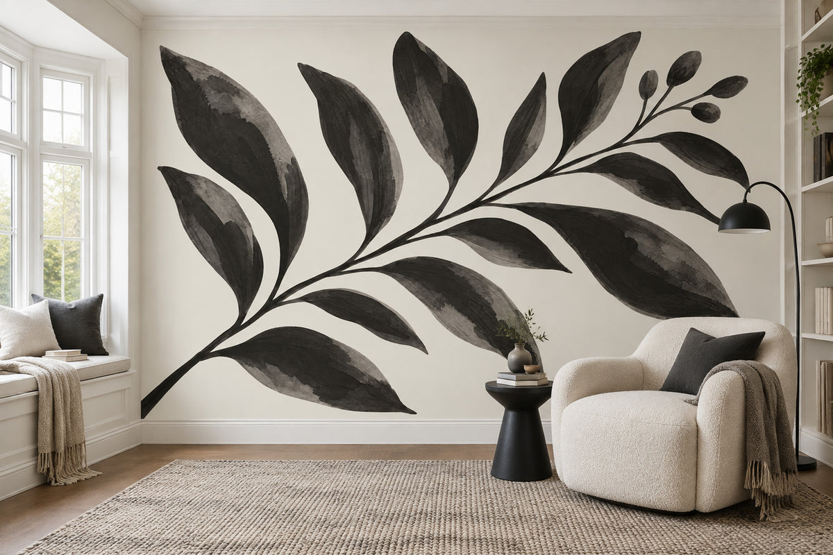 Siyah Yaprak Desenli Poster Duvar Kağıdı Minimalist Salon Dekoru