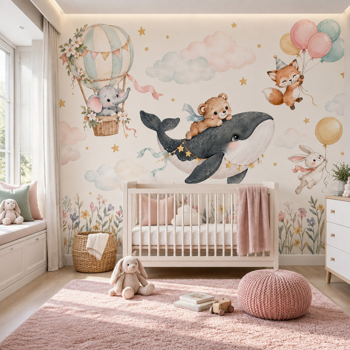 Uçan Balonlu Hayvanlar Poster Duvar Kağıdı Pastel Çocuk Odası