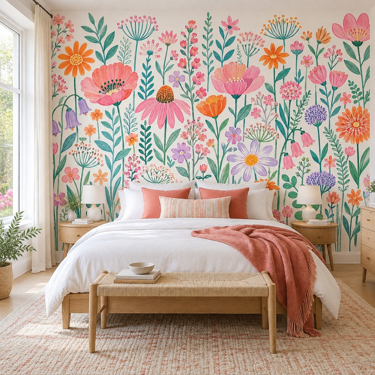 Renkli Çiçek Bahçesi Poster Duvar Kağıdı Pastel Botanik Desenli