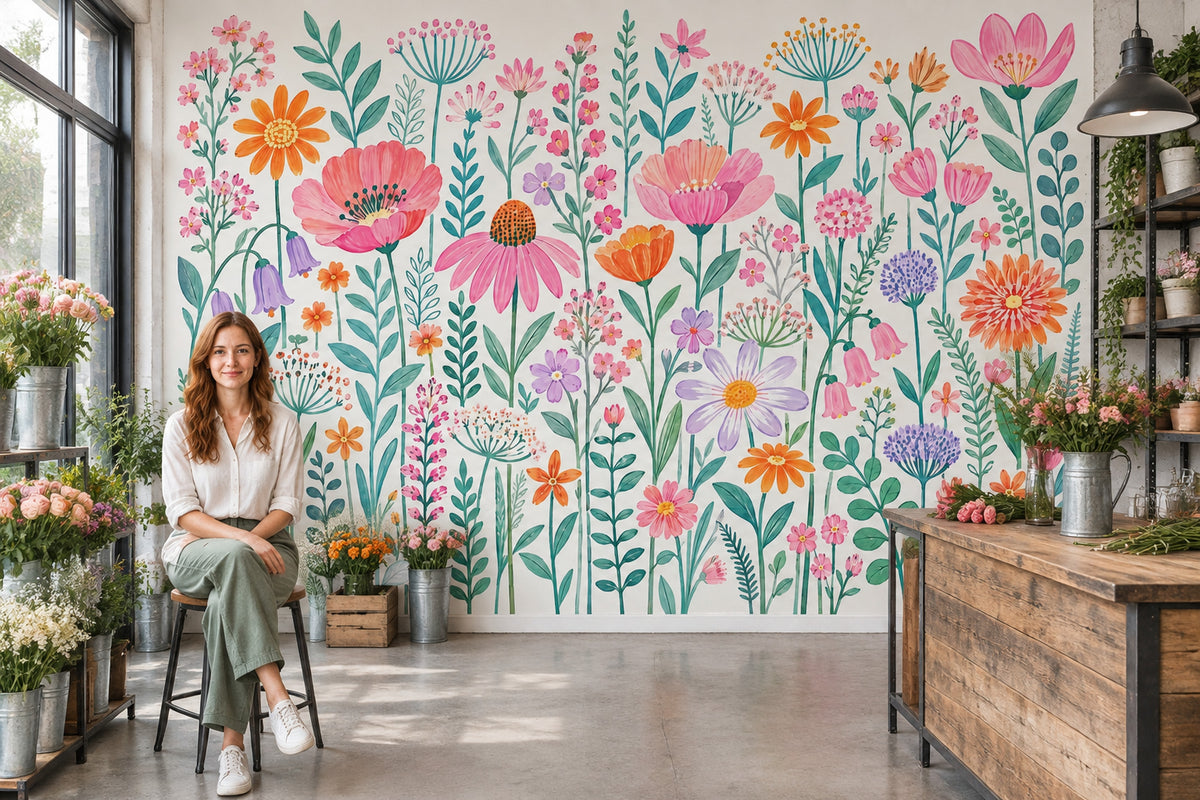 Renkli Çiçek Bahçesi Poster Duvar Kağıdı Pastel Botanik Desenli
