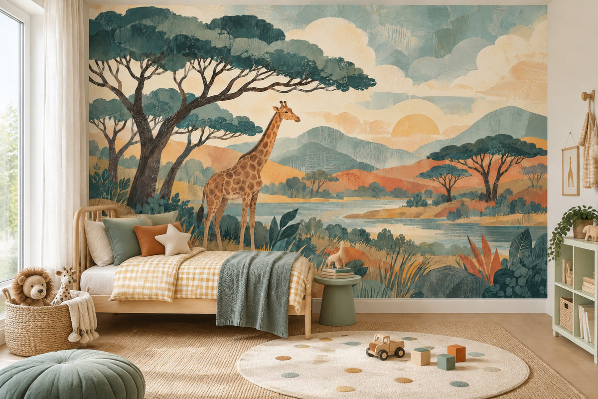 Zürafalı Safari Manzarası Poster Duvar Kağıdı Çocuk Odası