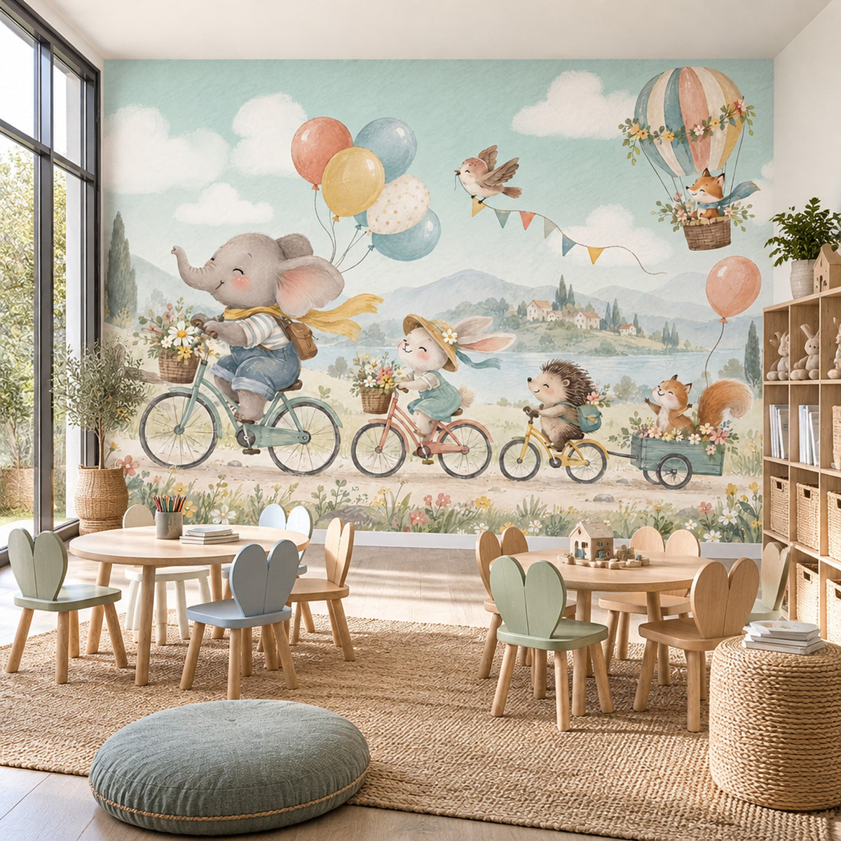 Balonlu Hayvanlı Poster Duvar Kağıdı Pastel Çocuk Odası