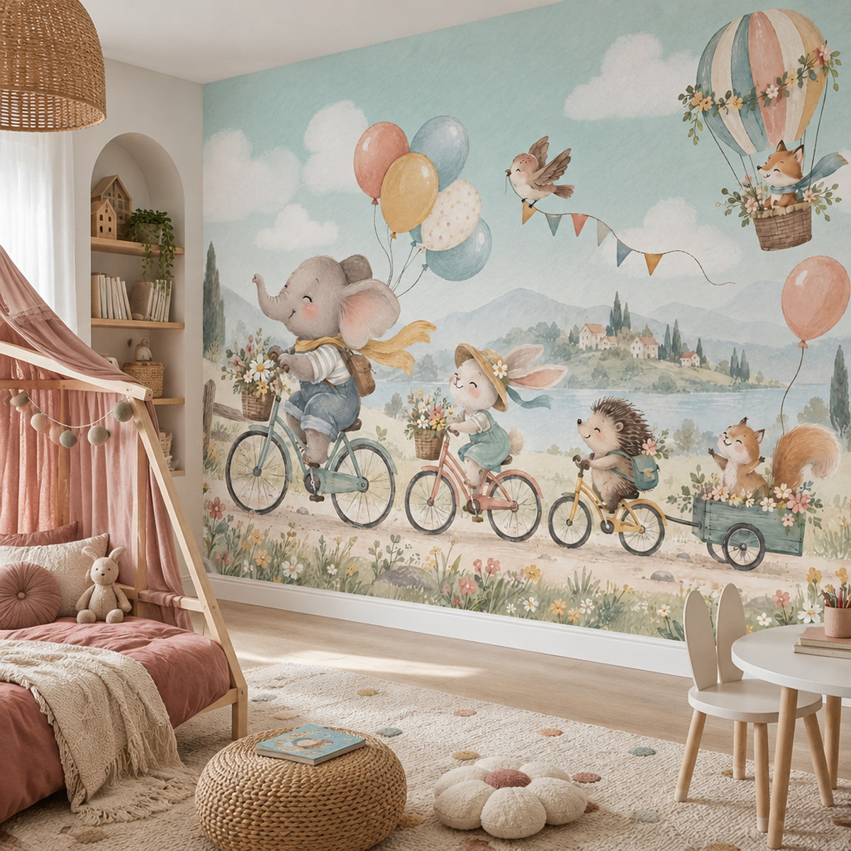 Balonlu Hayvanlı Poster Duvar Kağıdı Pastel Çocuk Odası
