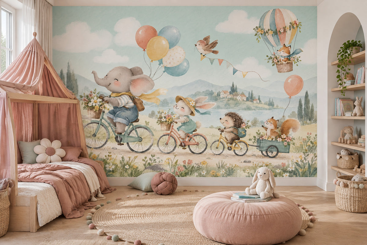 Balonlu Hayvanlı Poster Duvar Kağıdı Pastel Çocuk Odası
