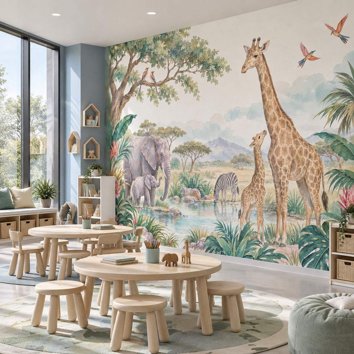Safari Hayvanlı Poster Duvar Kağıdı Pastel Çocuk Odası