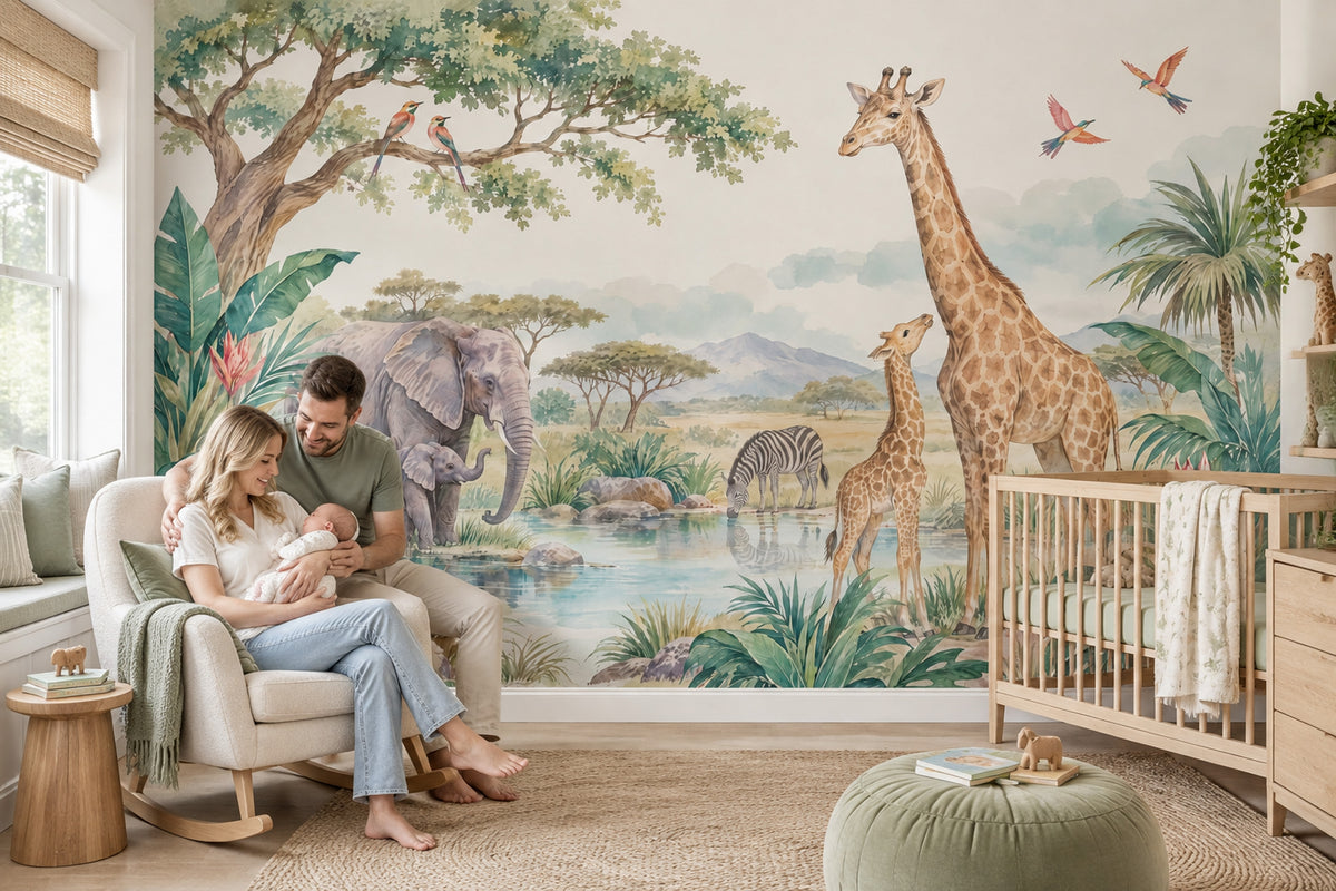 Safari Hayvanlı Poster Duvar Kağıdı Pastel Çocuk Odası