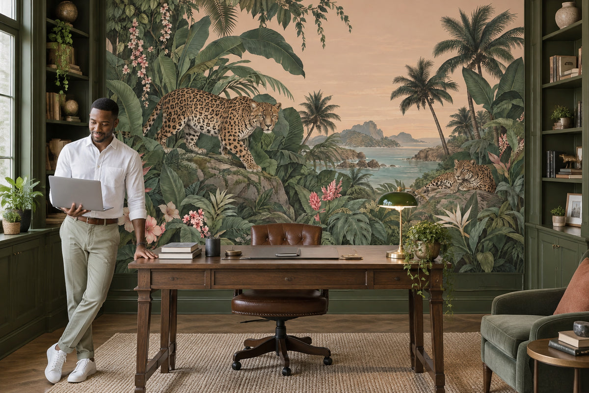Leoparlı Tropikal Orman Poster Duvar Kağıdı Yeşil Salon