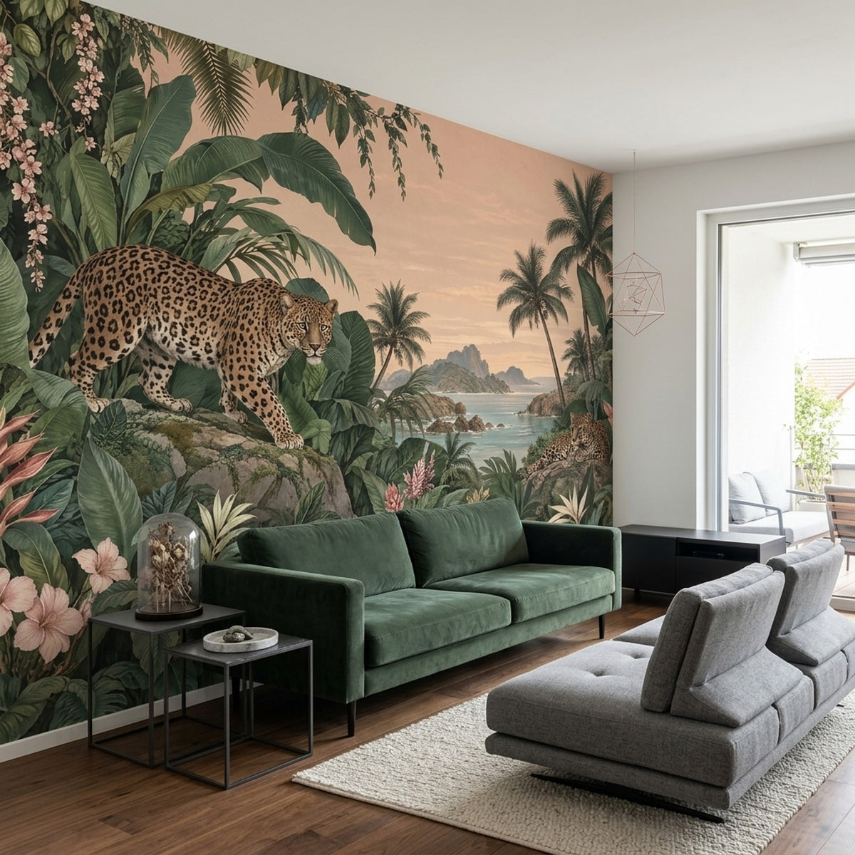 Leoparlı Tropikal Orman Poster Duvar Kağıdı Yeşil Salon