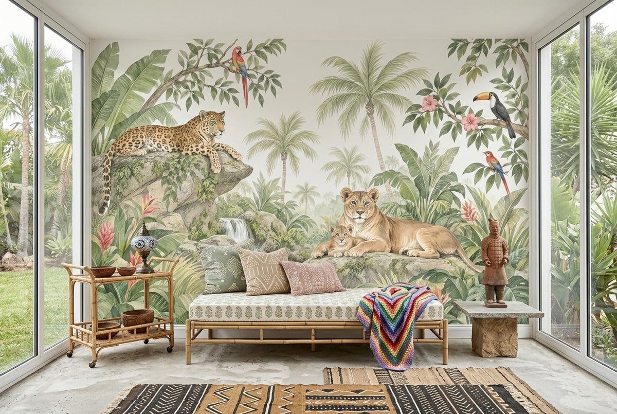 Safari Hayvanlı Poster Duvar Kağıdı Yeşil Orman Çocuk Odası