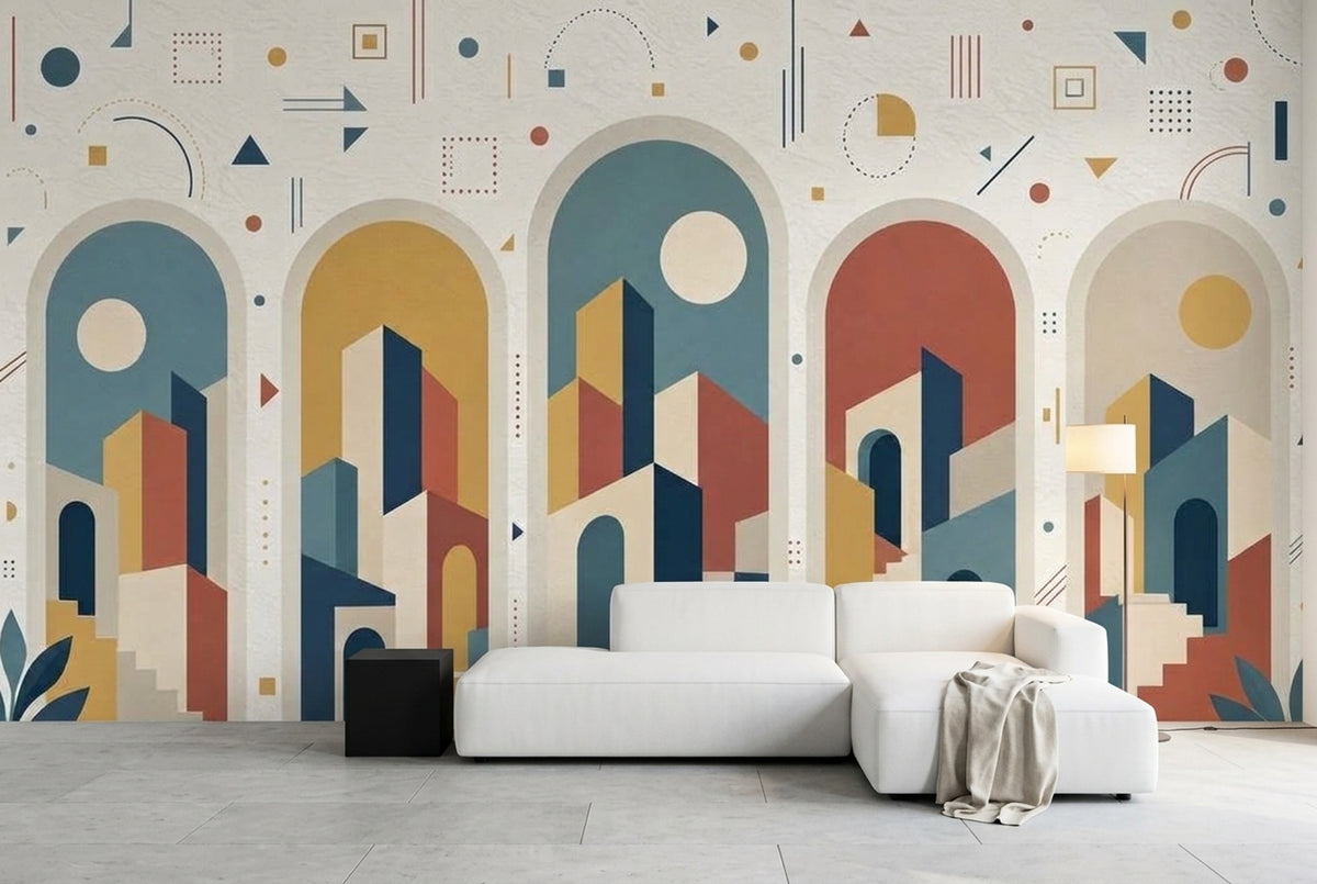Soyut Mimari Kemerli Poster Duvar Kağıdı Lacivert Hardal Salon
