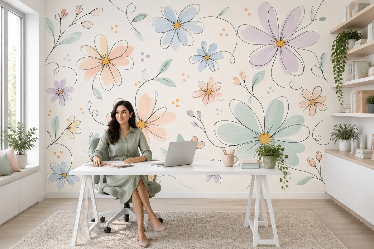 Pastel Çiçekli Poster Duvar Kağıdı Krem Fon Yatak Odası