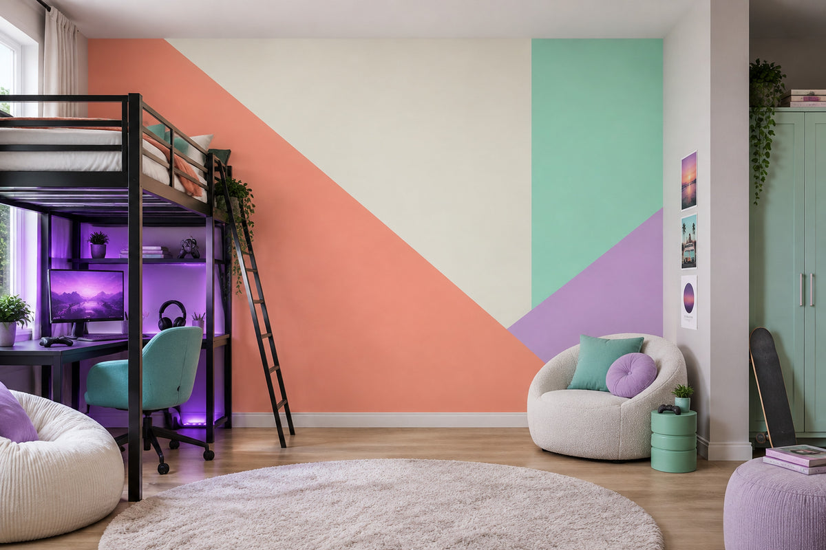 Pastel Geometrik Poster Duvar Kağıdı Mint ve Somon Çalışma Odası