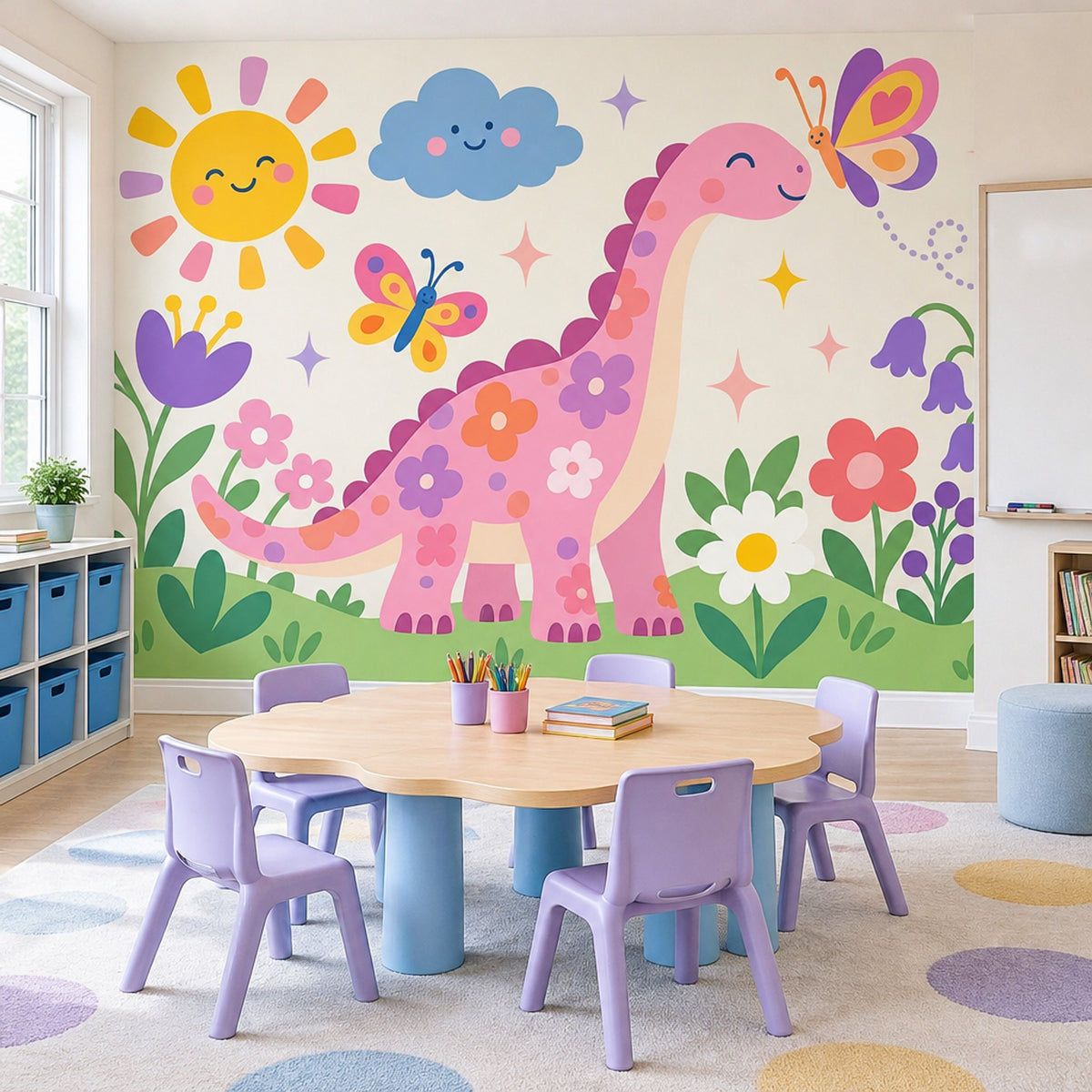 Pembe Dinozor Poster Duvar Kağıdı Çocuk Odası Çiçekli
