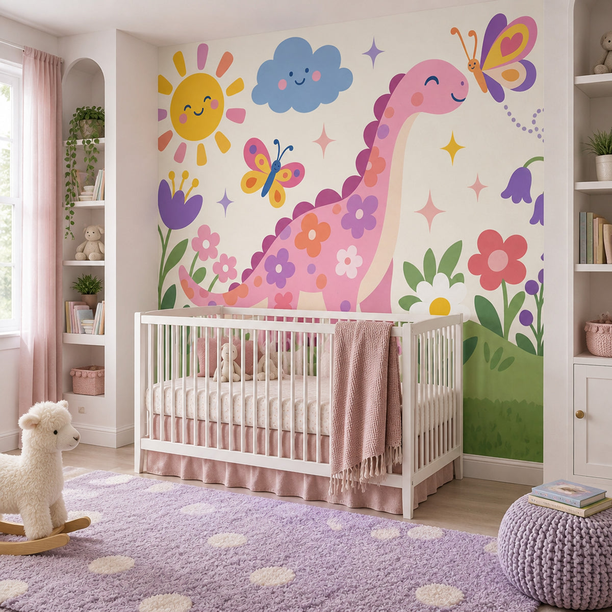 Pembe Dinozor Poster Duvar Kağıdı Çocuk Odası Çiçekli