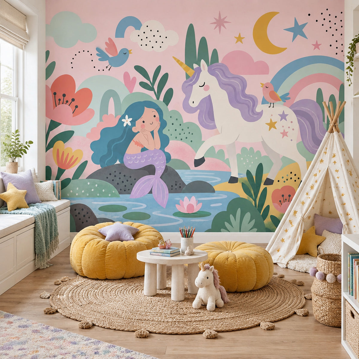Unicorn ve Deniz Kızı Poster Duvar Kağıdı Pastel Çocuk Odası