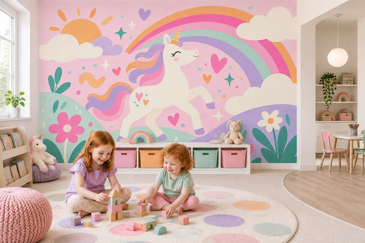 Gökkuşağı Unicorn Poster Duvar Kağıdı Pastel Çocuk Odası