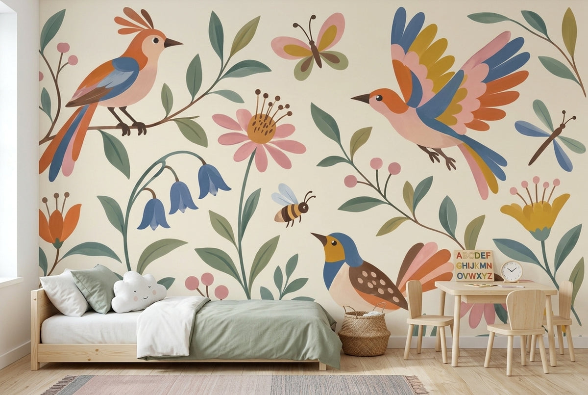 Kuşlu Çiçekli Poster Duvar Kağıdı Pastel Çocuk Odası
