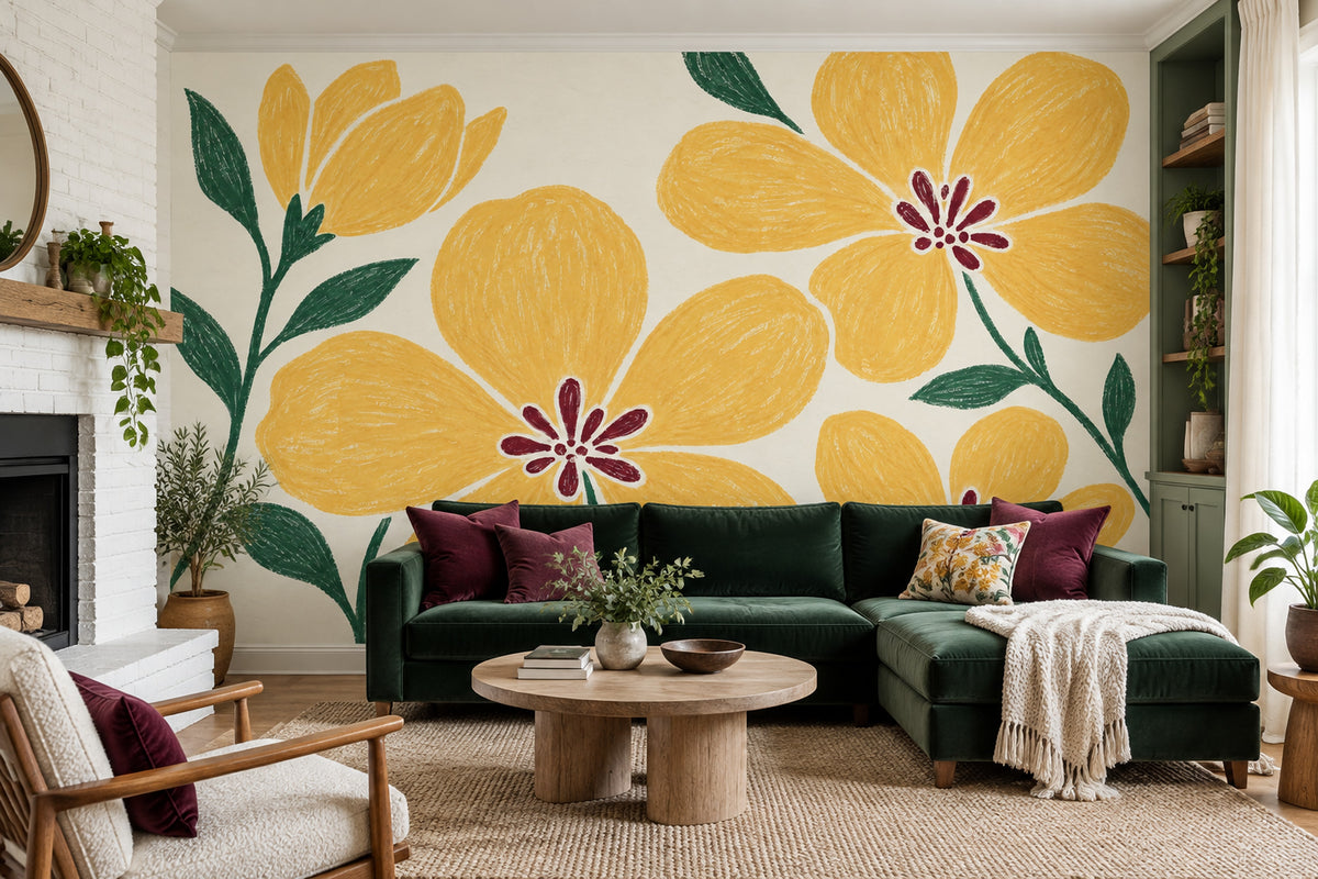 Sarı Büyük Çiçekli Poster Duvar Kağıdı Modern Salon Duvarı