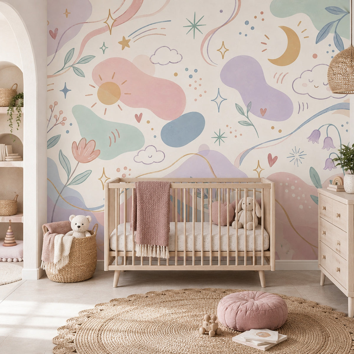 Pastel Bulut Ay Yıldızlı Poster Duvar Kağıdı Çocuk Odası