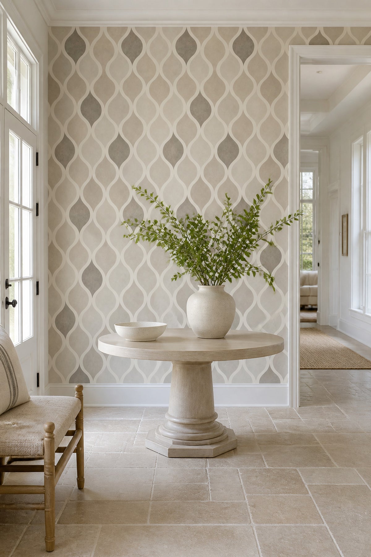 Dalgalı Geometrik Duvar Kağıdı Bej Gri Modern Salon