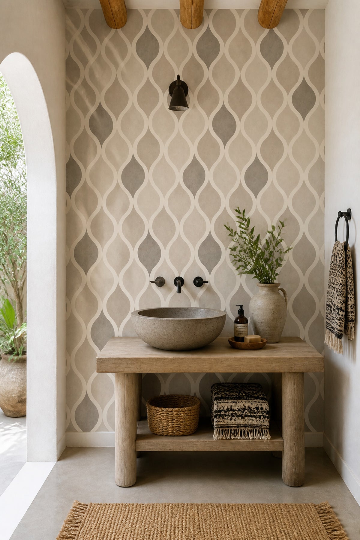 Dalgalı Geometrik Duvar Kağıdı Bej Gri Modern Salon