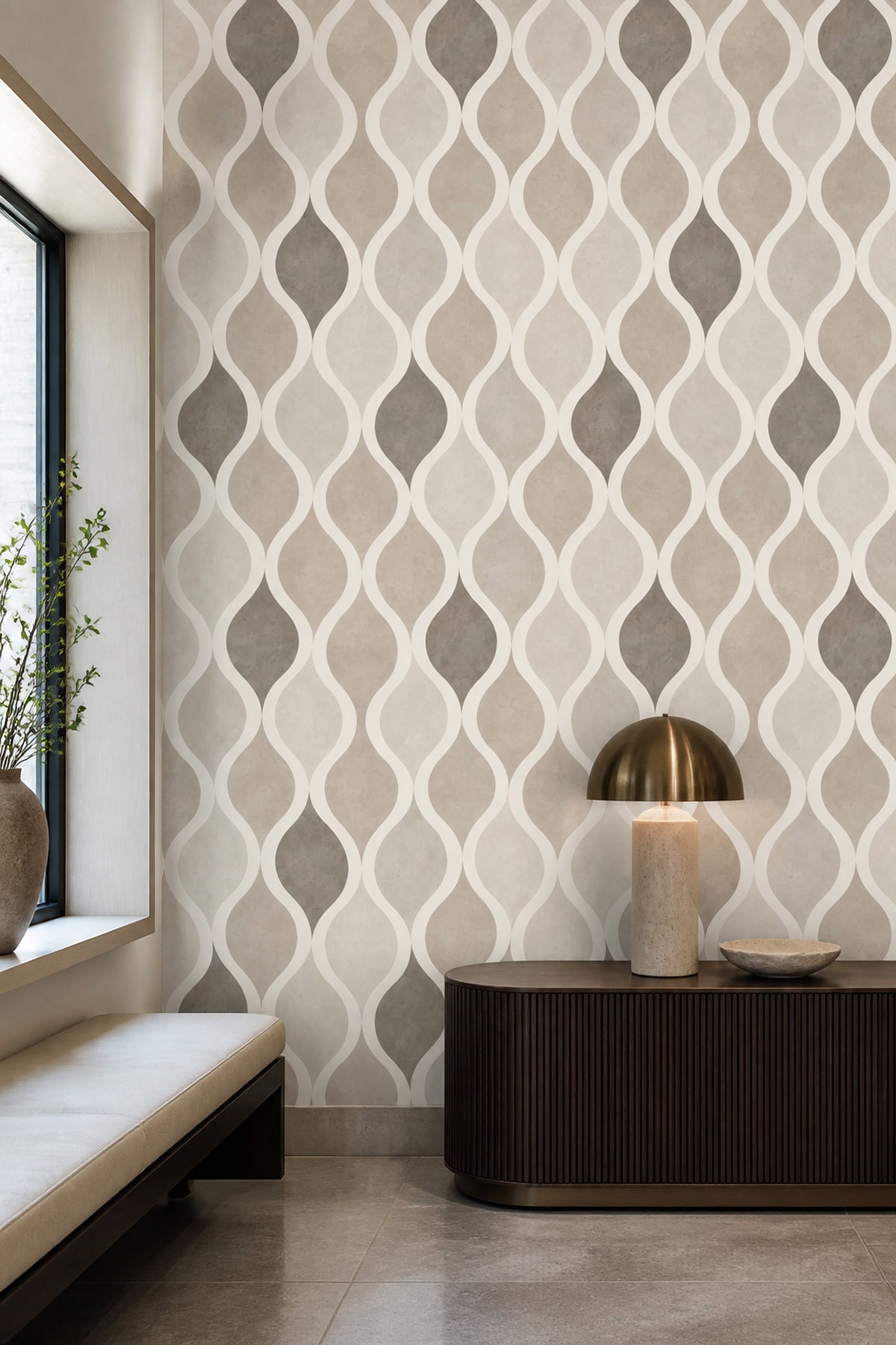 Dalgalı Geometrik Duvar Kağıdı Bej Gri Modern Salon